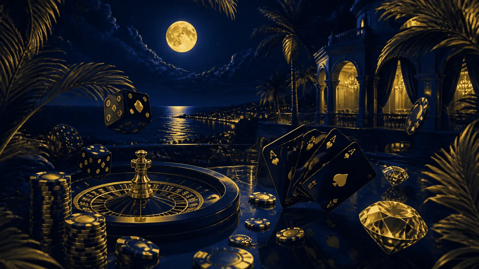 A dark cinematic composition with a glowing roulette wheel and floating poker chips, capturing a luxurious and mysterious Nig